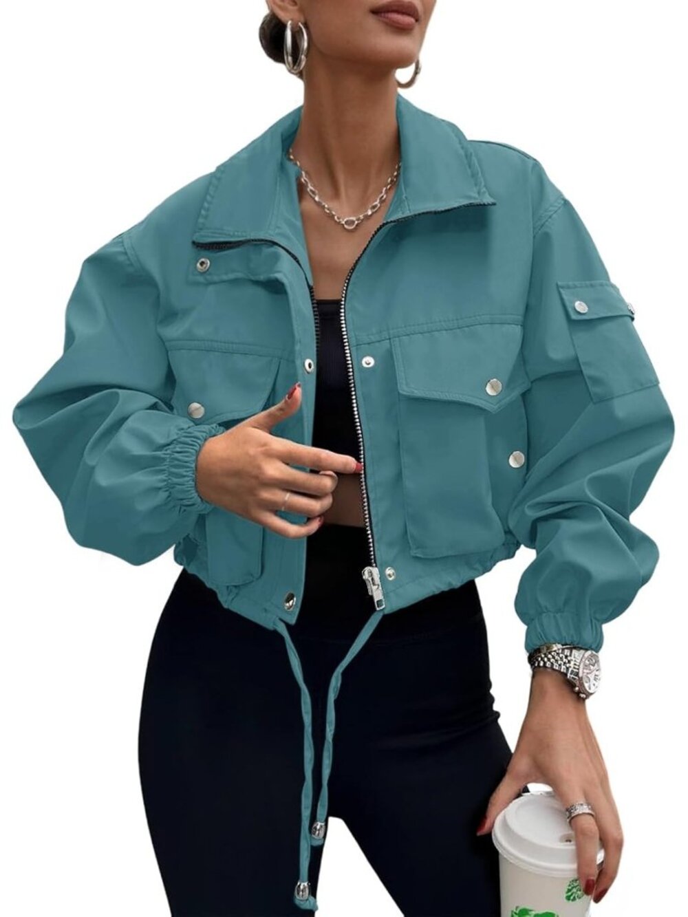 Women's Teal 100% Polyester Cropped Zip Up Cargo Utility Anorak Bomber Jacket